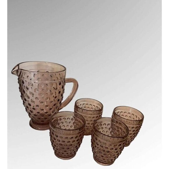 Martha Stewart HOBNAIL Chauncey 4” Pink Glass Cocktail juice SET of 4 & Pitcher - Picture 4 of 4